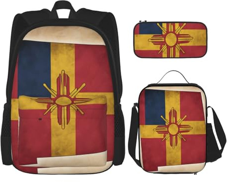 OXKGHHO Juego de mochila de trabajo con estampado de mapa de bandera de Nuevo México con lonchera aislada, correas ajustables, para gimnasio y uso diario, Negro -, Talla única