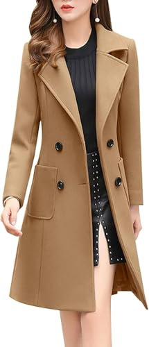 ebossy Women's Elegant Wool Blend Pea Coat Notched Lapel Double Breasted Winter Warm Mid Long Overcoat (S, Camel)