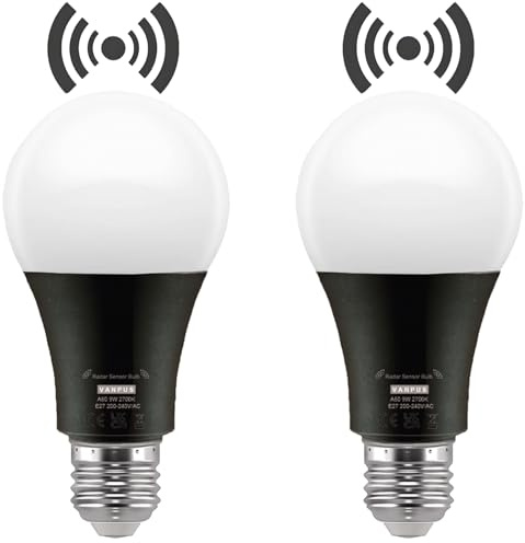 Vanpus E27 LED-Lampe mit Bewegungsmelder Radar 9W Warmweiß 2er-Set A60c | 2700K, 30.000h Lebensdauer,Automatischer Lichtschalter,CRI > 90, UV-frei & insektenfreundlich