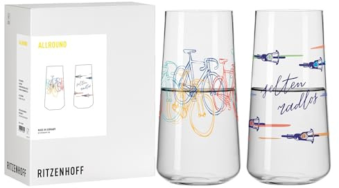 RITZENHOFF 8263001 Allroundglas 600 ml - 2er Set - Serie Radsport - Spruch selten radlos, bunt - Made in Germany