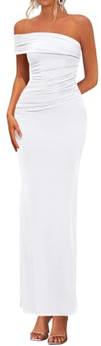 PRETTYGARDEN Women's 2026 Wedding Guest Cocktail Dresses One Off The Shoulder Ruched Bodycon Formal Maxi Party Summer Outfits (White,Small)