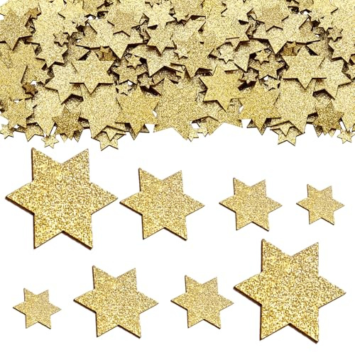 Whimzey Holzsterne zum Basteln Streudeko Weihnachten 1-4cm, 150× Glitzer Sterne Deko Holz Klein,4 Größen Weihnachtsdeko Sterne Gold,Konfetti Weihnachten Tischdeko,Hochzeit,Geburtstag Neujahr Dekostern