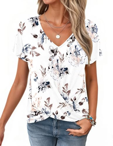 WNEEDU Tee Shirt Femme Col V Manches Courtes T Shirt Haut été avec Nœud Torsadé Top Blouse Chic et élégant
