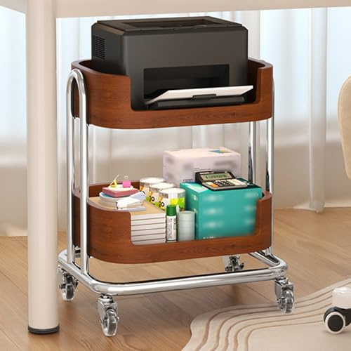 JDPYURV Carro para Impresora Industrial de 3 Niveles, Soporte Móvil con Cestas de Madera y Ruedas Bloqueables, Organizador de Estilo Retro para Oficina(2-Layer)