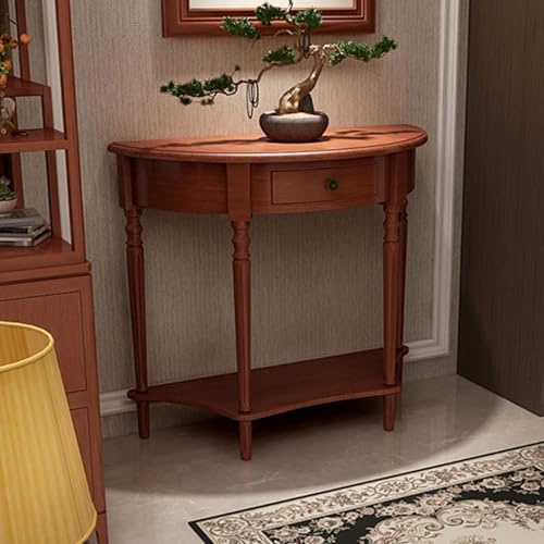 Generisch Retro-Halbmond-Konsolentisch – Massivholz-Eingangstisch mit Schublade und Ablagefach – Ideal für Flur, Wohnzimmer und Veranda – Kirschbaum-Finish (80 x 33 x 80 cm)