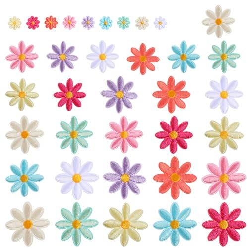 HJZHII 36 Stück Gänseblümchen Bügelflicken, 4 Größen Blumen Patches zum Aufbügeln Bügelpatch Gänseblümchen Bügelbilder Aufnäher zum Aufbügeln Aufbügelflicken für Kleidung Jeans Jacken Rucksäcke