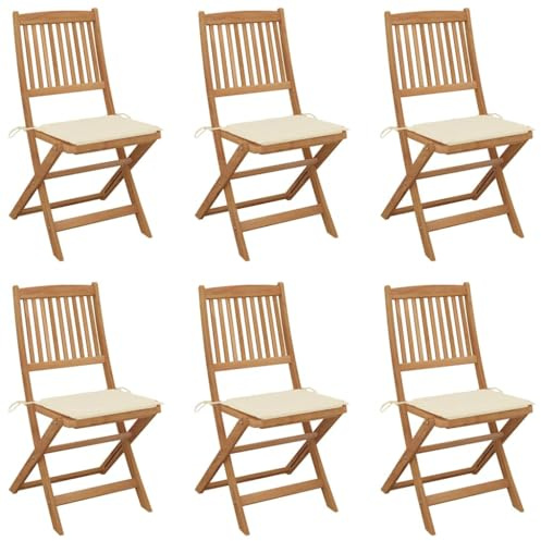 QJBSAVVA 6er Set Klappbare Gartenstühle mit Sitzkissen aus Massivholz Akazie, Klappstühle für Garten Terrasse und Balkon, Platzsparende Holzstühle mit Cremeweißen Polstern, 44x50x88 cm