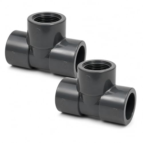 2 raccordi a T in PVC 90° ridotti, Ø 50 mm x 1/2 IG x 50 mm, manicotto adesivo in PVC-U, raccordo per tubi per piscina, irrigazione e tecnologia idrica (50 mm x 1/2 x 50 mm, 2 pezzi)