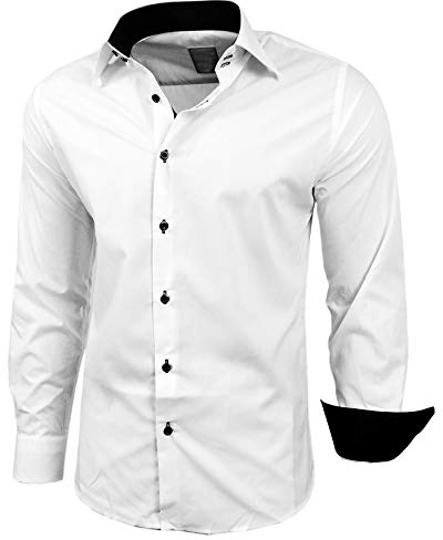 Baxboy - Camisa de manga larga para hombre, de corte ajustado, fácil de planchar, para trajes, trabajo, bodas, tiempo libre, R-44 blanco/negro M