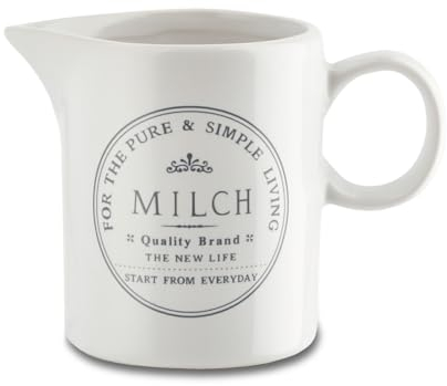 KHG Milchkännchen 200ml Kapazität, Milchkrug Keramik Steingut Weiß Zierschrift, Landhaus & Vintage Boho Stil, für den Kaffeeservice, Milchkanne klein mit Henkel & präzisem Ausgießer