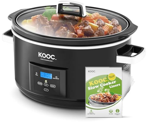 [NEW LAUNCH] KOOC 8.5-Quart Programmable Slow Cooker, Larger than 8 Quart, More Practical than 10 Quart, with Digital Countdown Timer, Free Liners Included for Easy Clean-up, Black, Oval…