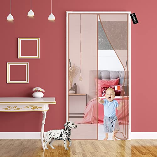 Magnet Fliegengitter Tür,Insektenschutz Tür 110x225cm Magnetvorhang Fliegennetz Moskitonetz für Balkontür Kellertür Wohnzimmer Terrassentür, ohne Bohren -Braun