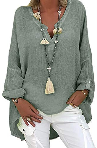 Tincini Chemisier Femme Tunique Femme Chic d'été Top en Lin pour Haut Col en V Grande élégant Chemise à Manches Longues en Lin et Coton Chemise imprimée (Vert, L)