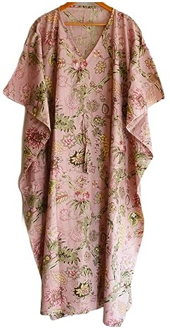 Kaftan med vackert lövtryck, kimono med blommigt blocktryck, nattkläder, maxiklänning, morgonrock i bomull, handgjord kaftan, klänning, lång kaftan, strandklänning, övertäckningsplagg