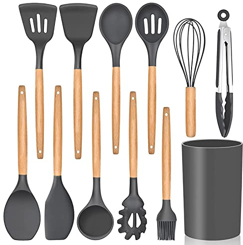 Kitchen Utensils Set, 12Pcs Silicone Cooking Utensils Set, Silicone Utensils Set, Cooking Tools Turner Tongs Nonstick Spatula Spoon for Nonstick Heat Resistant Cookware, Dark Grey