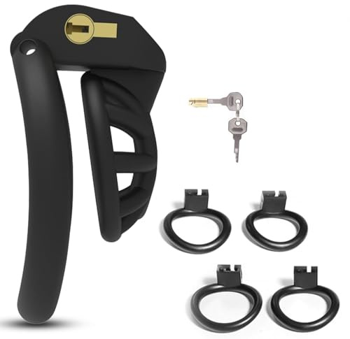 BDSMAGEE Cage De Chasteté avec 4 Anneaux Testiculaires, Petite Cage à Pénis Respirante Sissy Cage à Pénis Jouets Sexuels pour Hommes (Micro)