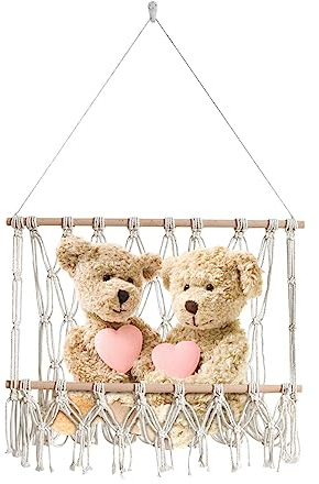 Stofftier Aufbewahrung Hängematte, 45x55cm Kuscheltier Aufbewahrung Spielzeug Plüschtier Organizer, Boho Makramee Aufbewahrung Netz zum Aufhängen an der Wand für Schlafzimmer Kinderzimmer Spielzimmer