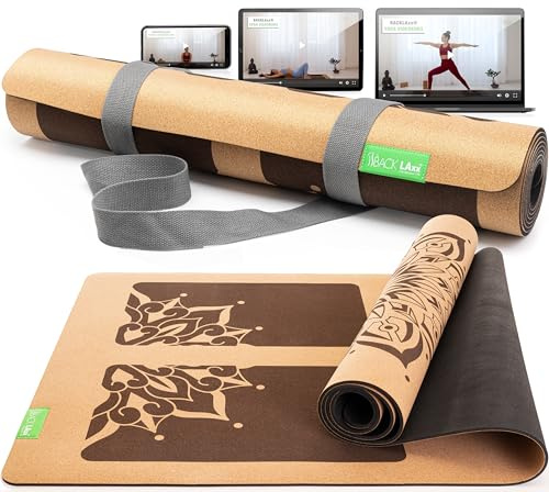 BACKLAXX® Yogamatte Kork mit Naturkautschuk, rutschfeste Korkmatte | Yoga Matte Kork FAZ Sieger 08/2026: Oberseite Kork, Unterseite Naturkautschuk, Anti-Rutsch-Zonen mit Tragegurt & Videobereich