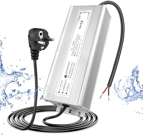 LightingWill Transformador LED 12V 120W IP67 Impermeable para Exterior con Enchufe, Fuente de Alimentación para Tiras LED, Lámparas, Focos y Cintas de Luz