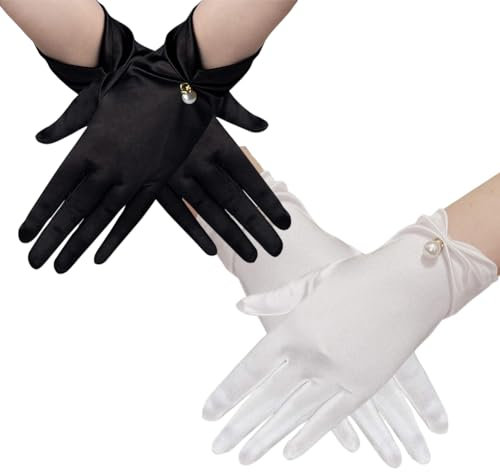 JIHUOO 2 Paar Kunstperlen-Handschuhe für Damen, elegante kurze Handschuhe, Hochzeit, Brauthandschuhe, Teeparty, Handschuhe, Kostüm, Abendhandschuhe, schwarz / weiß, 23 x 10cm (L x W)