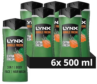 Lynx Men Jungle Fresh 3-in-1 Hair, Face and Body Wash Shower Gel with a palm leaf & amber scent for an all day fresh & clean feel 500 ml, Pack of 6