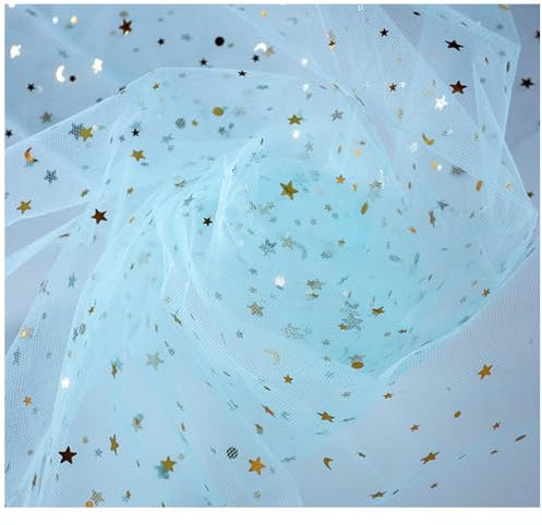 Pmnzdy Tüll Stoff 150cm x 5Yards Mit Glitzer, Stern Und Mond Pailletten - Dekostoff Organza Für Hochzeit, Handwerk, Kleidung, Geschenk - Hellblau