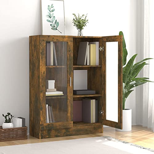 Homgoday Espositore in vetro con 3 scomparti, 2 porte, per soggiorno, soggiorno, sala da pranzo, credenza, cucina, armadietto, legno di rovere affumicato, 82,5 x 30,5 x 115 cm