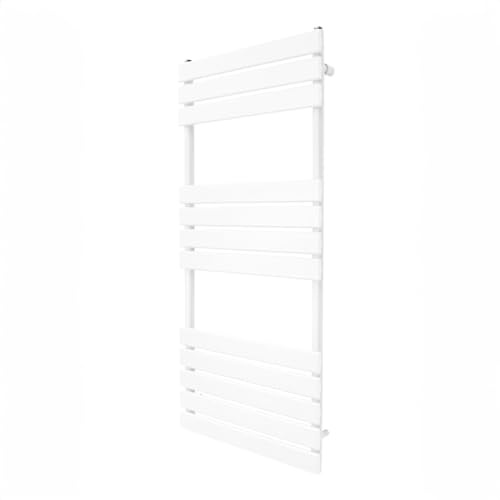 Vertical Towel Radiator Designer Flat Panel 1200mm x 500mm Bathroom Heated Rail Gloss White Central Heating Ladder Heater Wall Mounted Carbon Steel FREE Cleaning Brush Fixing Kit & Brackets