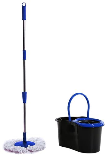 Mocio Rotante con Secchio da 13 Litri - Manico Telescopico ed Estensibile (90-115cm), Snodabile a 180 Gradi, Fiocco in Microfibra 100% Lavabile e Ultra Assorbente, Pulire senza fatica (BLU)