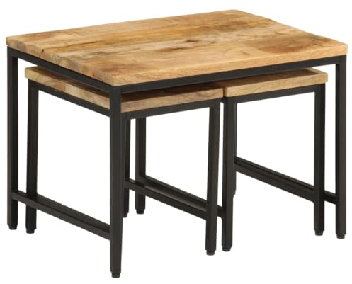 ULUYYUC Kleiner Schrank Tisch Wohnzimmer Gartentisch Wetterfest Betttisch - Satztische 3 STK. Raues Massivholz Mango und Eisen für Schlafzimmer Wohnbereich Balkon Garten