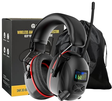 Bluetooth 6.0 AM/FM Hearing Protection, Radio Headphones with Digital Display, 30 SNR Noise Reduction Safety Earmuffs with Rechargeable 2000 mAh Large Battery, Ear Protector for Mowing Lawn Work