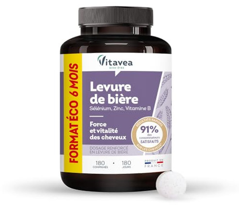 Vitavea - Levure de Bière - Force et Vitalité des Cheveux - Complément Alimentaire Cheveux - Zinc, Vitamine B - Format économique - 180 comprimés - Cure 6 mois - Fabriqué en France