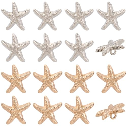 CABODYALS 1 caja de 40 botones de Metal con Forma Irregular de Estrella de Mar, Dorados Y Plateados, con Temática Oceánica, con Purpurina, de Aleación, Estilo Hawaiano, para Coser Trajes, Camisas, Vaq
