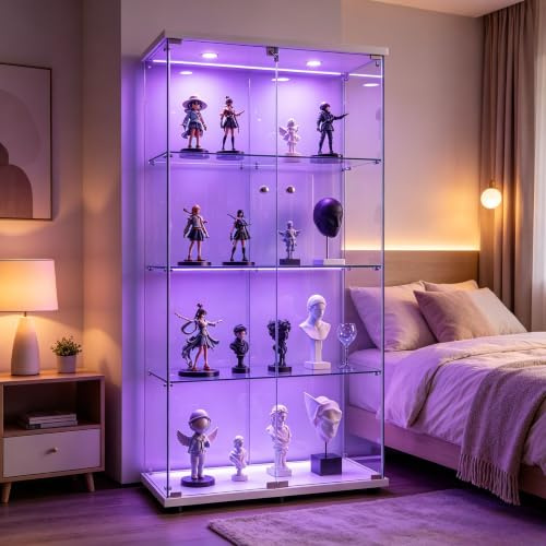 LED-Glasvitrine, 164x80x36,5 cm Glasvitrine mit Schloss, LED und 2 Türen, 4 Regale, transparente große Sammlervitrine für Wohnzimmer (2 Türen, 4 Ebenen+Beleuchtung, Weiß)