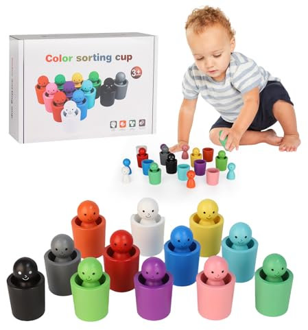 YELKOEYN Lot de 12 gobelets de tri colorés - 2025 - Poupées en bois arc-en-ciel dans des tasses - Jouet pour l'école maternelle - Tri des couleurs - Jouet Montessori sensoriel à partir de 3 ans