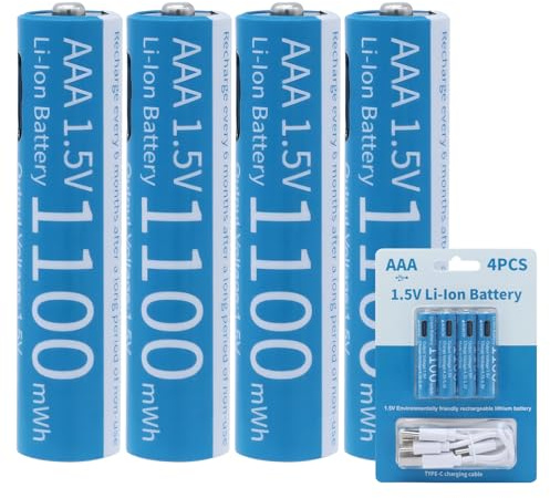 Tosiicop AAA Akku Lithium Wiederaufladbare - 1.5V 1100mWh USB Batterien mit 4-in-1 USB-C Ladekabel Aufladbare Batterie 1 Stunden Schnellladung 1500 Zyklus 4 Stück (4 Stück AAA 1100mWh)