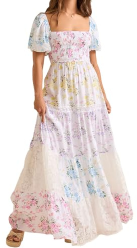 SANSIWU Women's Floral Maxi Dress Elegant Short Puff Sleeve Square Neck Shirred Flowy Long Dress Bohomian Beach Sundress Clubwear (D-01, L)