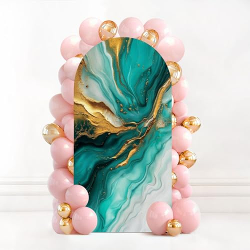6.6FT Wedding Arch Backdrop Cover Pastel Cyan Mint Liquid Marble Watercolor Gold Lines Brush Stains Teal Spandex Fitted Round Top Arch Stand Covers for Birthday Party Baby Shower Banquet Decoration
