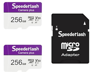 Micro SDXC Memory Card 256GB 2 Pack, Speederlash Camera Plus TF Card with Adapter, Up to 100MB/s Read Speed, 4K UHD&5K Video Support, U1 V30 A1 Rated, Waterproof, for Security Camera, Dashcam, Drones
