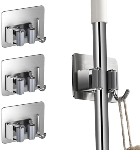 DOETYD 4 Pcs Stainless Steel Wall Mounted Mop Holders with Hooks, Self Adhesive Storage Solution for Home, Kitchen, Bathroom, Office, Garage and Broom Cupboard Organisation(Silver)