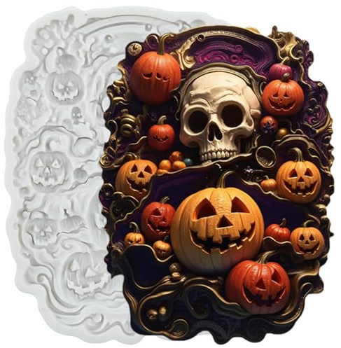 MINFEIDMS Halloween Citrouille Fondant Moules Squelette Tête de Mort Moule en Silicone pour Décoration de Gâteau Cupcake Topper Chocolat Bonbons Sucre Artisanat Pâte en caoutchouc Argile polymère