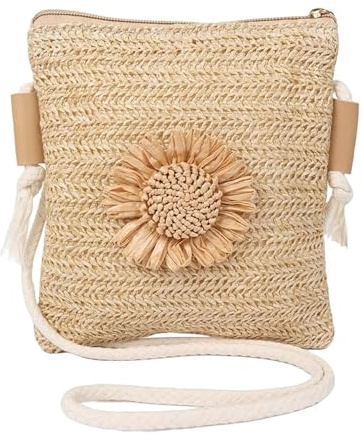 TenaLucy Bolso Mujer Verano, Bolsos de Paja de Playa de Verano, Cruzado Estilo Bohemio y Moda Monederos, Bandolera Cremallera de Paja para Viajes, Fechas y Vacaciones (Caqui)