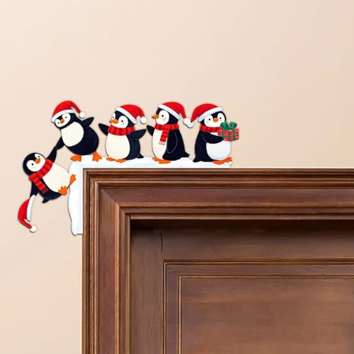 Spetsbst Türrahmen Weihnachten Deko, Weihnachtsdeko mit Transparente Klebepunkte Holz Weihnachts Deko, Doppelseitigem Türdeko Weihnachten für Wände/Türen/Fenster/Kamin (Pinguin)