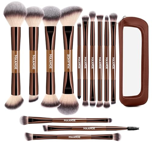 MAANGE13Pcs Makeup Brushes with Case, Professional Vegan Makeup Brush Set for Foundation, Powder, Eyeshadow, Dual-Ended Face Brushes, Coffee Gold