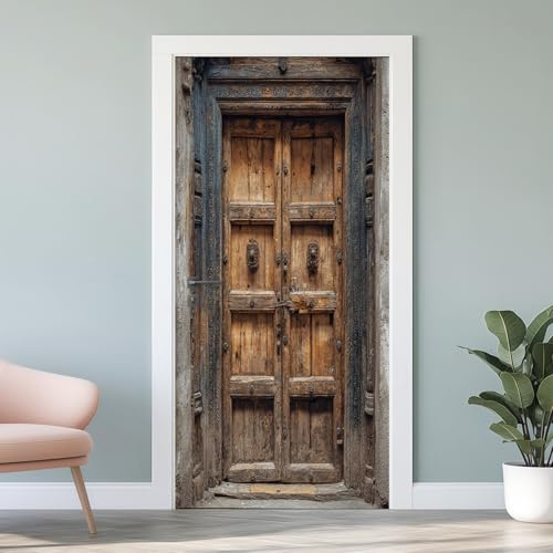 Holztür Alte 3D Türfolie Türtapete, Rustikal Holzbrett tür Fototapete Selbstklebend, Mittelalter Türaufkleber, PVC Abnehmbare Wandbild, Wandsticker für Deko, 85x215 cm G6s280