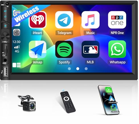 Double Din Car Stereo Wireless Apple CarPlay Android Auto Car Radio Bluetooth 2 Din 7 Inch Touch Screen Car Audio Receiver, FM, Video Output, USB/AUX/TF Input, SWC Mirror Link with Backup Camera