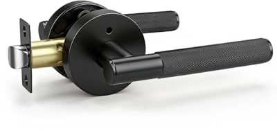 KNOBWELL 1 Pack Matte Black Door Handle Round Doorknob with Lever Interior Door Lever for Bed and Bath (Push Button)