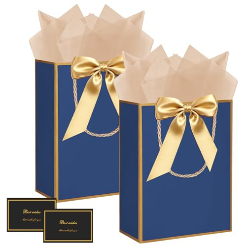 APXEL Sacchetti Regalo,2 Sacchetto Regalo in Carta Con Manici,Sacchettini Borsa Regali Con 2 Involucri E 2 Biglietti 2 Nastri,Per San Valentino Festa Di Nozze Natale Compleanni E Anniversari(Oro Blu)