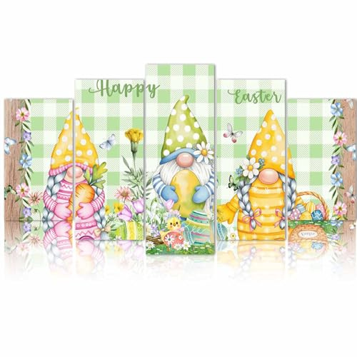 5 Piece Wall Art, Easter Canvas for Painting - Modern Wall Decor Poster, Gnomes Flowers Duck Eggs Green Lattice Wooden Artwork Pictures Wooden Giclee Framed for Living Room Bedroom Office Small
