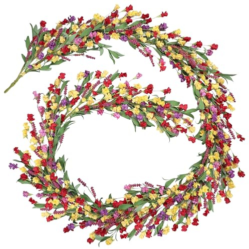 6ft Spring Flower Garland for Mantle Decor: Artificial Floral Vine with Greenery for Wedding Arch, Fireplace, Table & Wall, All Season Home Decor for Summer, Easter, Mother's Day (Yellow+Red)